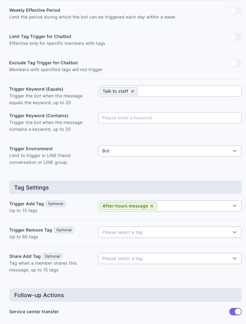 After-hours chatbot settings: Weekly Effective Period is off, Trigger Keyword (Equals) is Talk to staff, Trigger Add Tag is set to After-hours message, and Service center transfer under Follow-up Actions is on