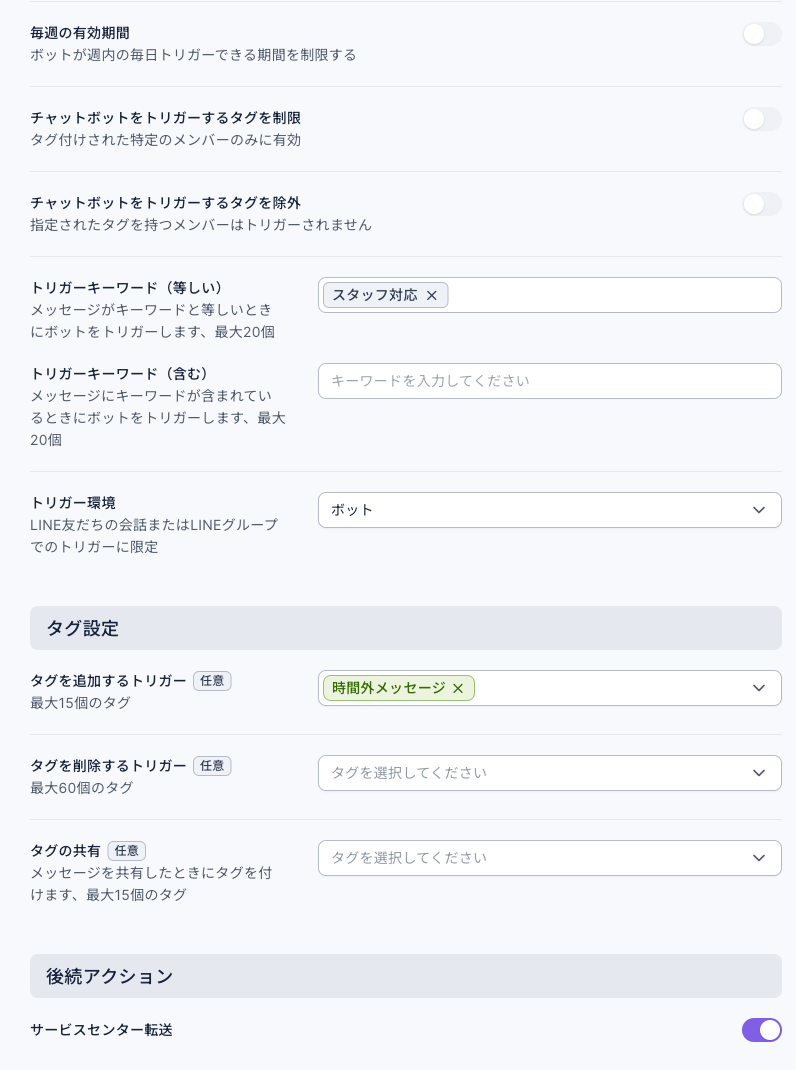 営業時間外のボットの設定：毎週の有効期間はオフ、トリガーキーワード（等しい）はスタッフ対応、タグを追加するトリガーで時間外メッセージを選択、後続アクションのサービスセンター転送がオン