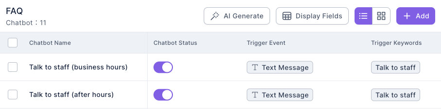 Chatbot list in the FAQ folder: Talk to staff (business hours) is first and Talk to staff (after hours) second; both are on, the Trigger Event is Text Message and the Trigger Keywords are Talk to staff