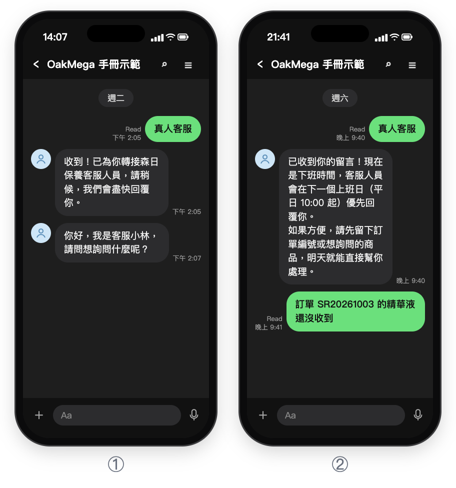 示意畫面:① 週二下午 2:05 會員傳真人客服,聊天機器人回覆收到、已轉接森日保養客服人員請稍候,2:07 客服小林回覆詢問想問什麼;② 週六晚上 9:40 會員傳真人客服,聊天機器人回覆現在是下班時間,客服會在下一個上班日平日 10:00 起優先回覆,並請先留下訂單編號或商品,會員接著傳訂單 SR20261003 的精華液還沒收到