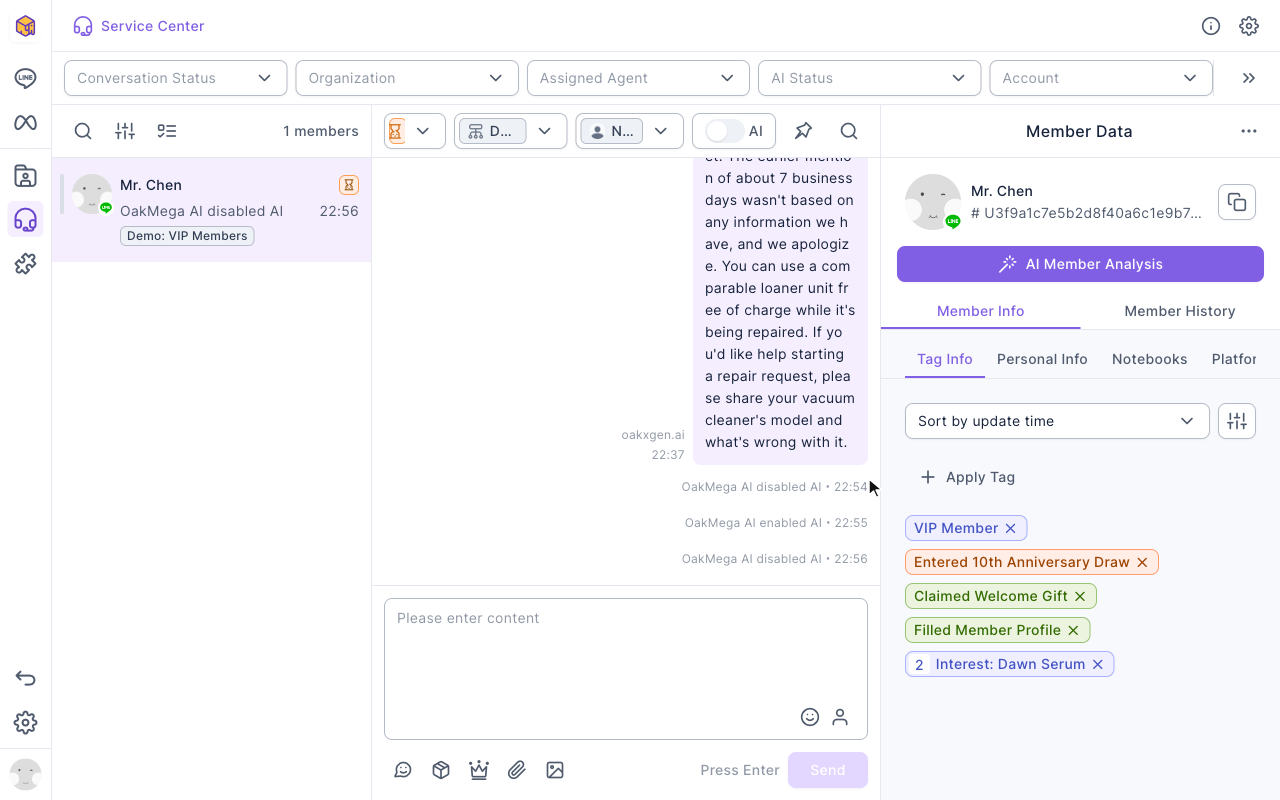 The conversation after disabling AI: the AI switch at the top is off, the last system message is OakMega AI disabled AI, and the message box and send button are back at the bottom