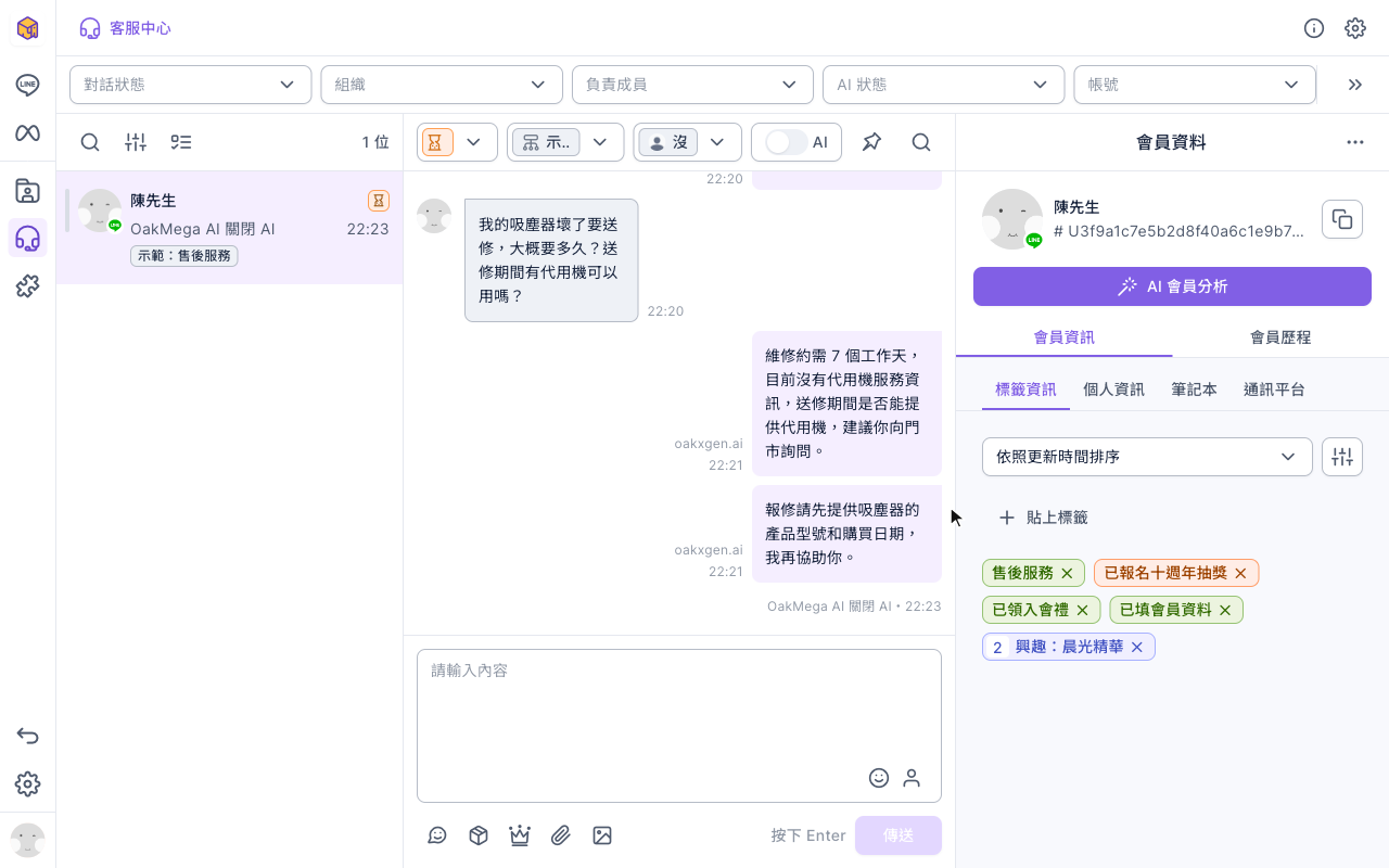 關閉 AI 後的聊天室:上方 AI 開關為關閉,最後一筆系統訊息是 OakMega AI 關閉 AI,下方恢復成可輸入的文字框與傳送按鈕