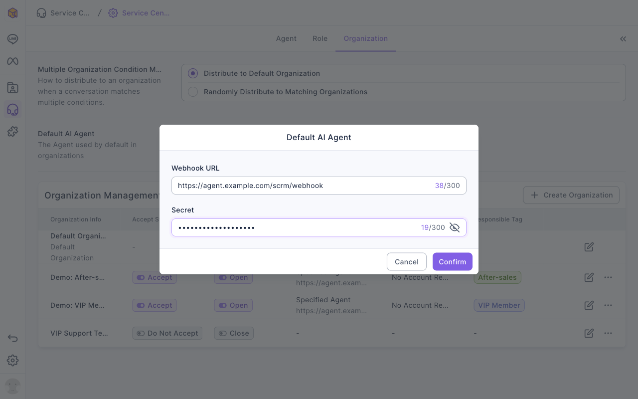 The Default AI Agent window open over the Organization tab: Webhook URL is https://agent.example.com/scrm/webhook, the Secret is entered and masked, with Cancel and Confirm at the bottom; behind it, the Default AI Agent section reads The Agent used by default in organizations