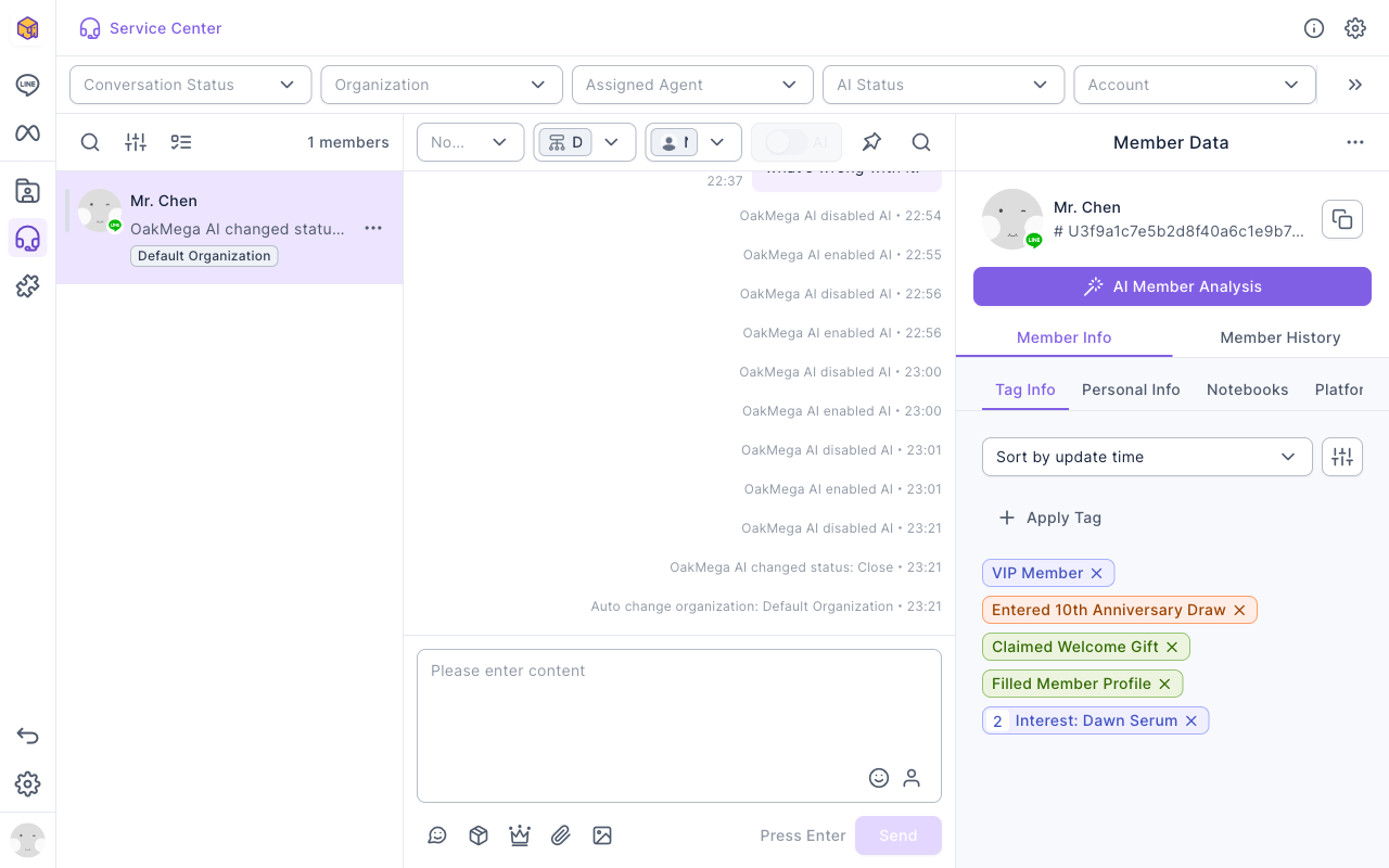 Service Center conversation: the status at the top is non-service and the AI switch is gray and disabled; system messages include disabled AI, changed status: Close, and Auto change organization: Default Organization