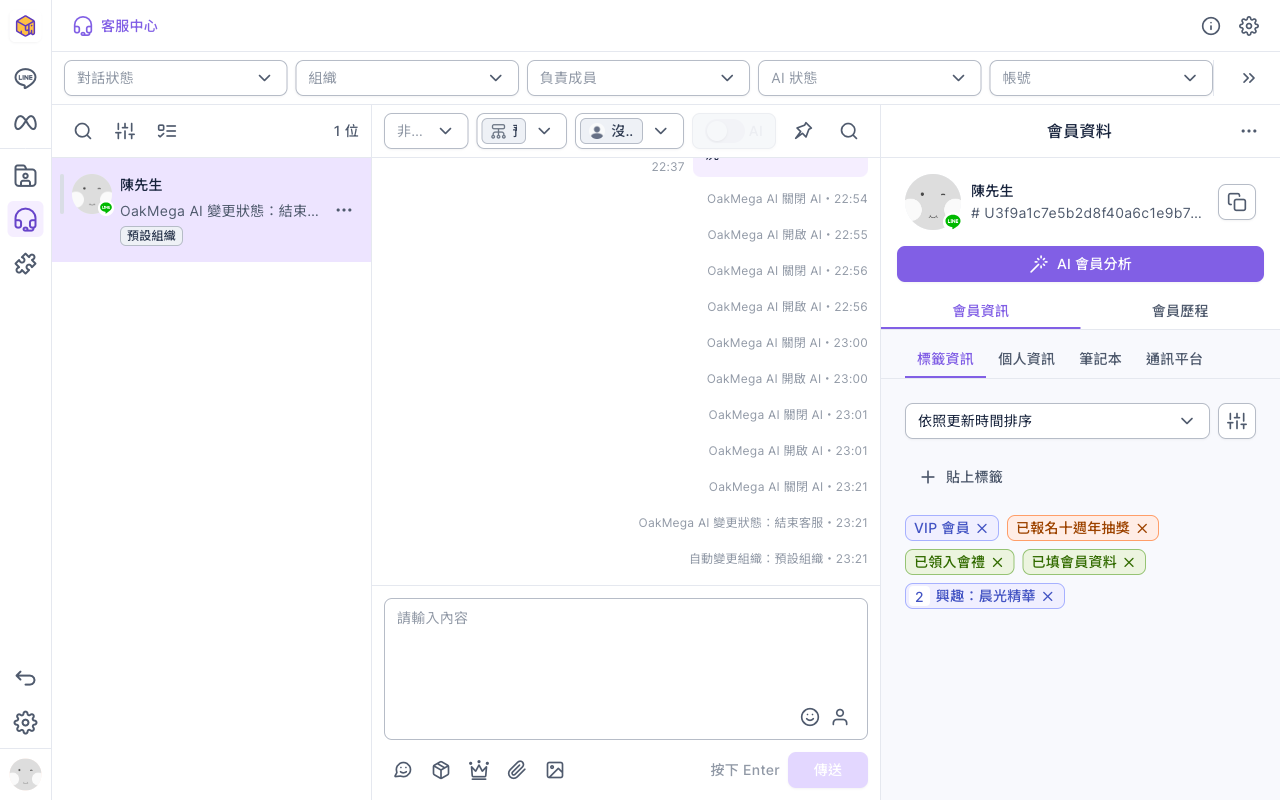 客服中心聊天室:上方狀態為非客服、AI 開關為灰色不可按;系統訊息有關閉 AI、變更狀態結束客服、自動變更組織預設組織
