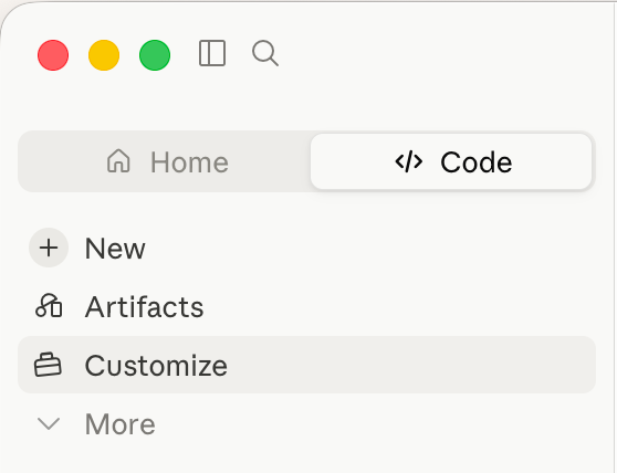 Claude 桌面版左上角:Home 與 Code 兩個切換,已選 Code;下方有 New、Artifacts、Customize