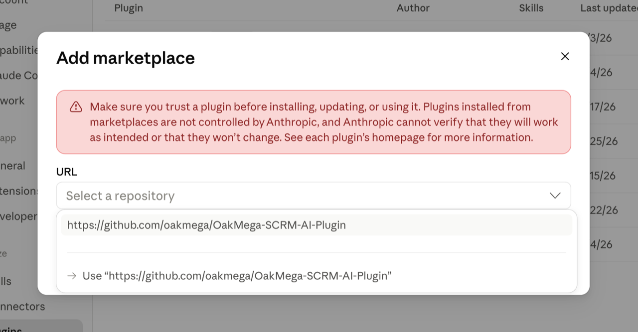 Add marketplace 視窗:URL 欄位貼上 https://github.com/oakmega/OakMega-SCRM-AI-Plugin,下方出現同一個網址可選