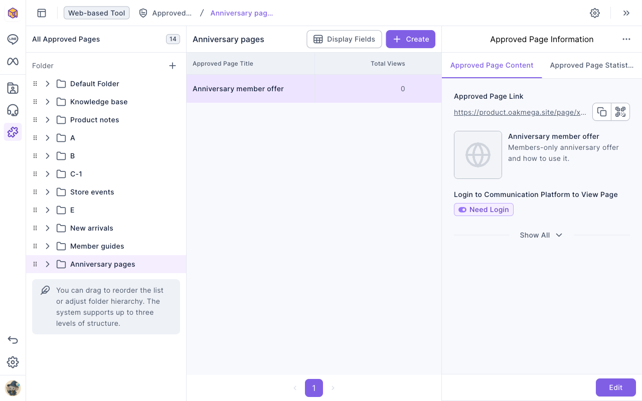 The approved page list: the Anniversary pages folder is selected on the left; the middle list has one approved page, Anniversary member offer; on the right, Approved Page Information shows the link, title, description and Need Login