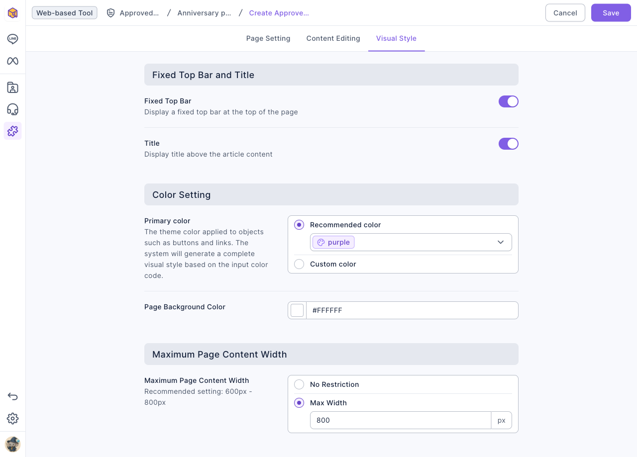 The Visual Style tab: Fixed Top Bar and Title are both on; Primary color uses the recommended color purple; Page Background Color is #FFFFFF; Maximum Page Content Width is set to Max Width 800 px