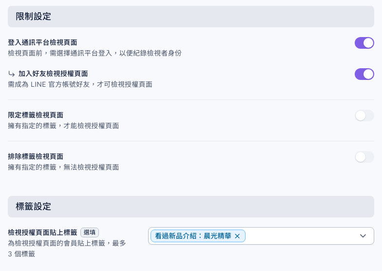 授權頁面的限制設定與標籤設定:登入通訊平台檢視頁面與加入好友檢視授權頁面都開啟,限定標籤與排除標籤檢視頁面關閉;檢視授權頁面貼上標籤選了「看過新品介紹:晨光精華」