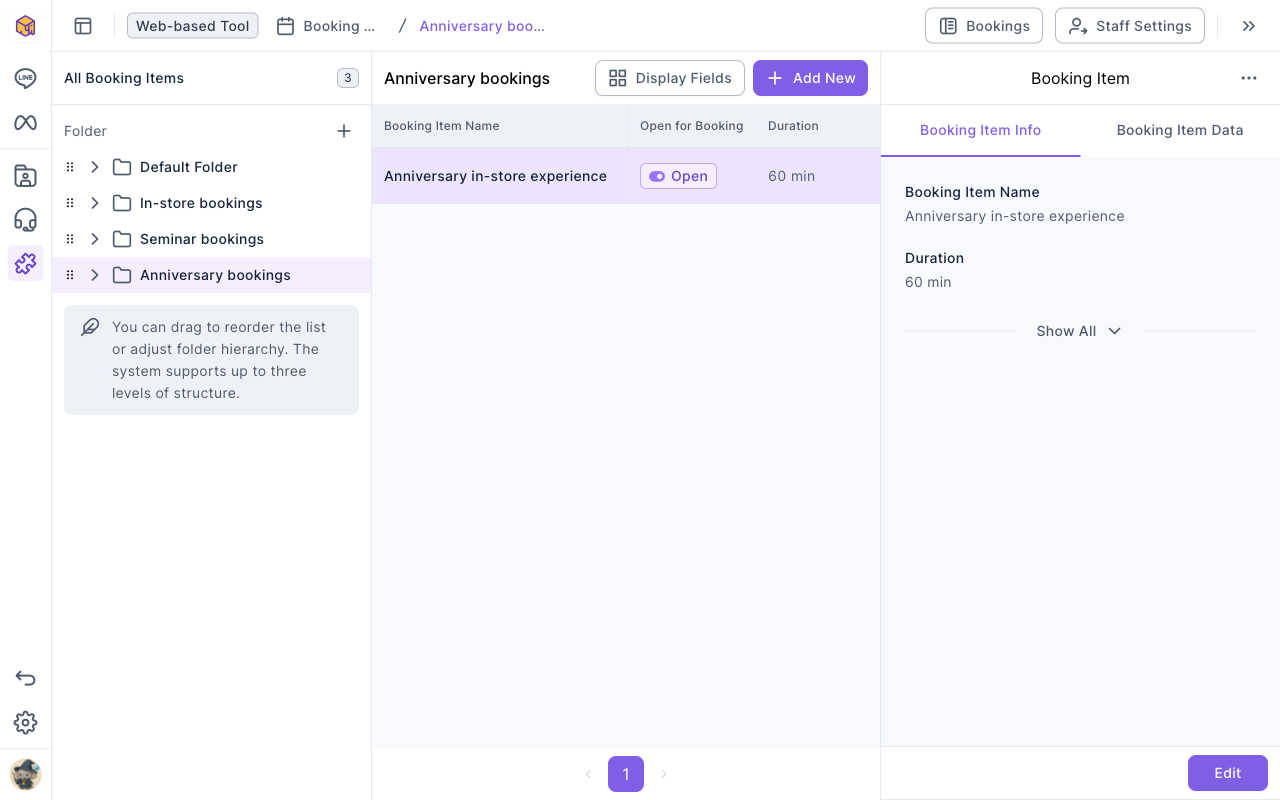 Booking Center: the Anniversary bookings folder is selected on the left; the middle list has one booking item, Anniversary in-store experience, open for booking with a 60-minute duration; Booking Item Info on the right shows its name and duration; Bookings and Staff Settings buttons are in the top-right
