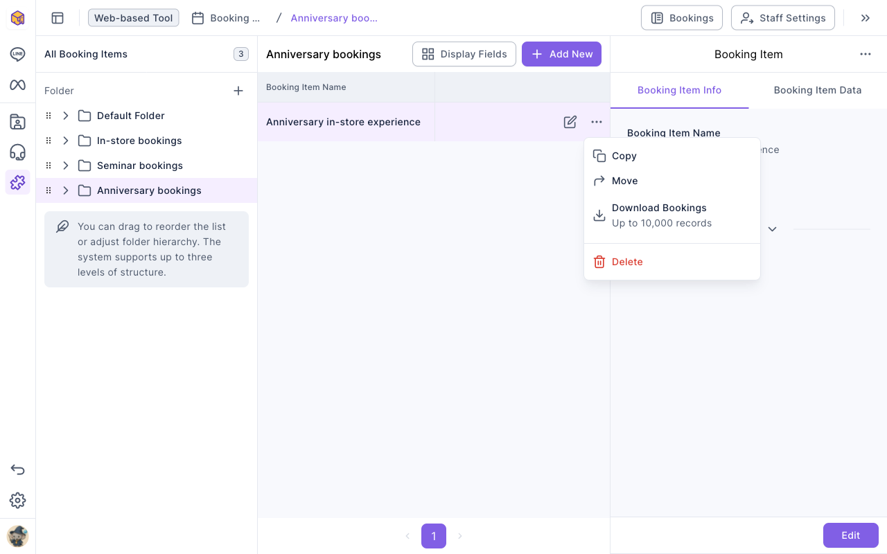 The "⋯" menu on a booking item: Copy, Move, Download Bookings (up to 10,000 records) and Delete