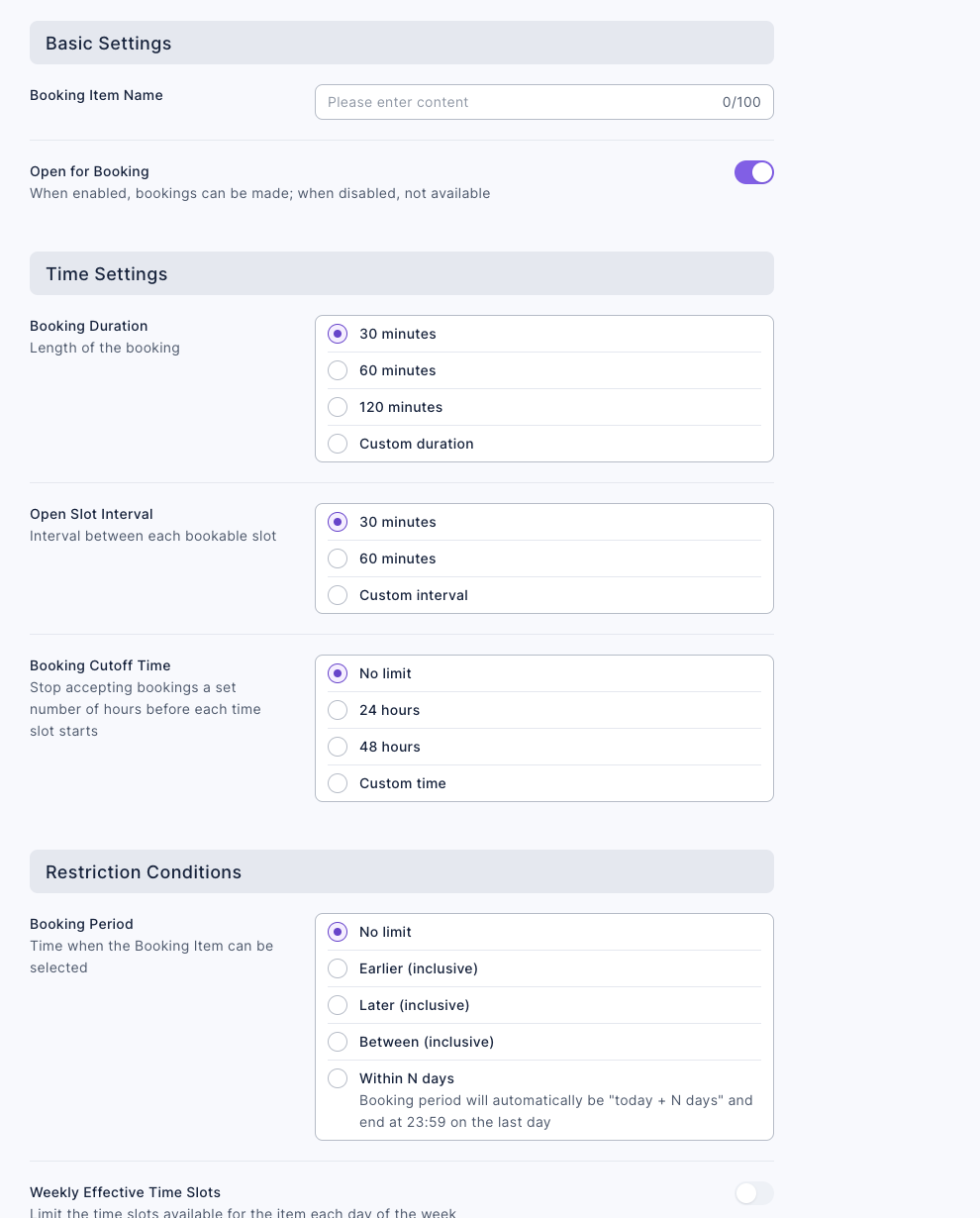 An unsaved booking item settings page showing Open for Booking, Booking Duration, Open Slot Interval, Booking Cutoff Time, Booking Period, and Weekly Effective Time Slots