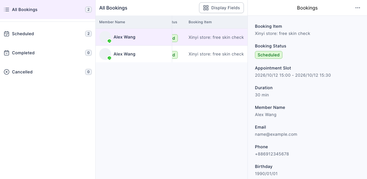 Bookings page: on the left, bookings by status — All Bookings 2, Scheduled 2, Completed 0, Cancelled 0; in the middle, two "Xinyi store: free skin check" bookings; on the right, the booking shows the booking item, booking status Scheduled, appointment slot 2026/10/12 15:00 - 15:30, duration 30 minutes, and the member name Alex Wang, email, phone and birthday (replaced with demo values)