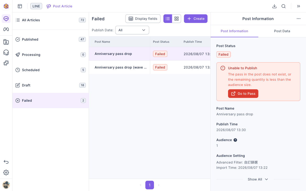 The post list filtered to Failed; the post information on the right shows status Failed and a red box reading "Unable to Publish: The pass in the post does not exist, or the remaining quantity is less than the audience size." with a Go to Pass button