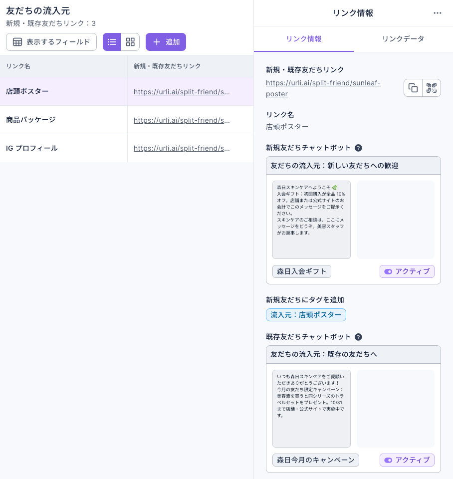 新規・既存友だちリンクのフォルダ「友だちの流入元」に店頭ポスター、商品パッケージ、IG プロフィールの 3 つのリンク。右側のリンク情報：店頭ポスターのリンクは https://urli.ai/split-friend/sunleaf-poster、新規友だちチャットボットは「友だちの流入元：新しい友だちへの歓迎」（キーワード 森日入会ギフト、アクティブ）、新規友だちにタグを追加は「流入元：店頭ポスター」、既存友だちチャットボットは「友だちの流入元：既存の友だちへ」（キーワード 森日今月のキャンペーン、アクティブ）