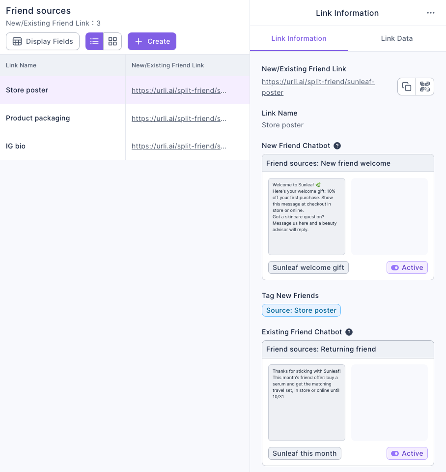 The "Friend sources" folder of New/Existing Friend Links holds three links: Store poster, Product packaging and IG bio. Link Information on the right: the Store poster link is https://urli.ai/split-friend/sunleaf-poster; New Friend Chatbot is "Friend sources: New friend welcome" (keyword Sunleaf welcome gift, Active); Tag New Friends is "Source: Store poster"; Existing Friend Chatbot is "Friend sources: Returning friend" (keyword Sunleaf this month, Active)