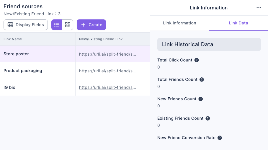 Link Data for the Store poster link: under Link Historical Data, Total Click Count, Total Friends Count, New Friends Count and Existing Friends Count are all 0, and New Friend Conversion Rate is "-"