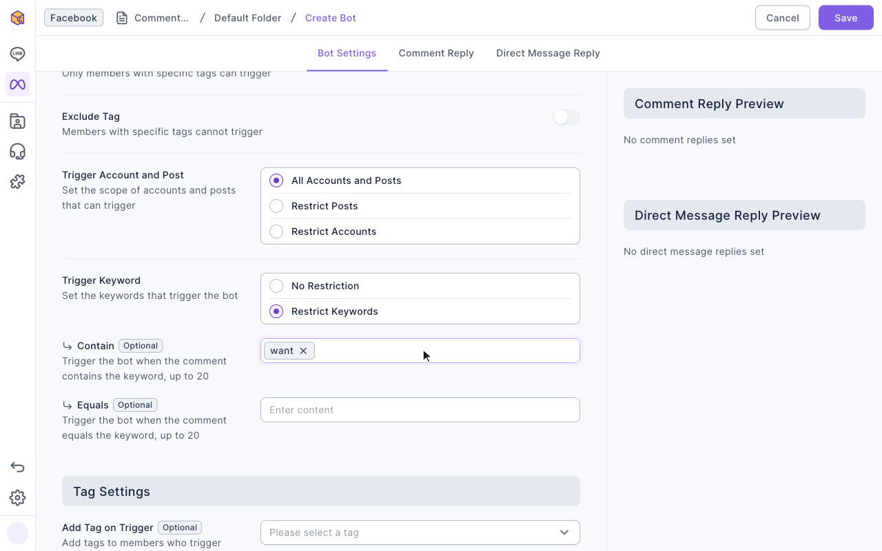 Bot Settings tab: Trigger Account and Post set to All Accounts and Posts, Trigger Keyword set to Restrict Keywords, the keyword "want" under Contain and Equals empty; Comment Reply Preview and Direct Message Reply Preview on the right