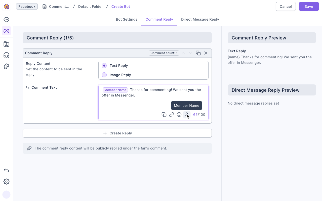 Comment Reply tab: Comment Reply (1/5), Reply Content set to Text Reply, Comment Text starting with a Member Name tag followed by a thank-you and a note that the offer was sent in Messenger; Comment Reply Preview on the right shows {name} and the same text