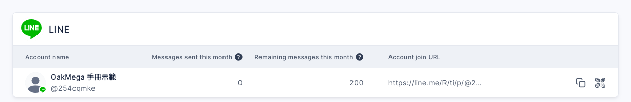 The LINE section of the platform page: OakMega 手冊示範 @254cqmke, Messages sent this month 0, Remaining messages this month 200, Account join URL https://line.me/R/ti/p/@2…, with copy and QR Code buttons on the right