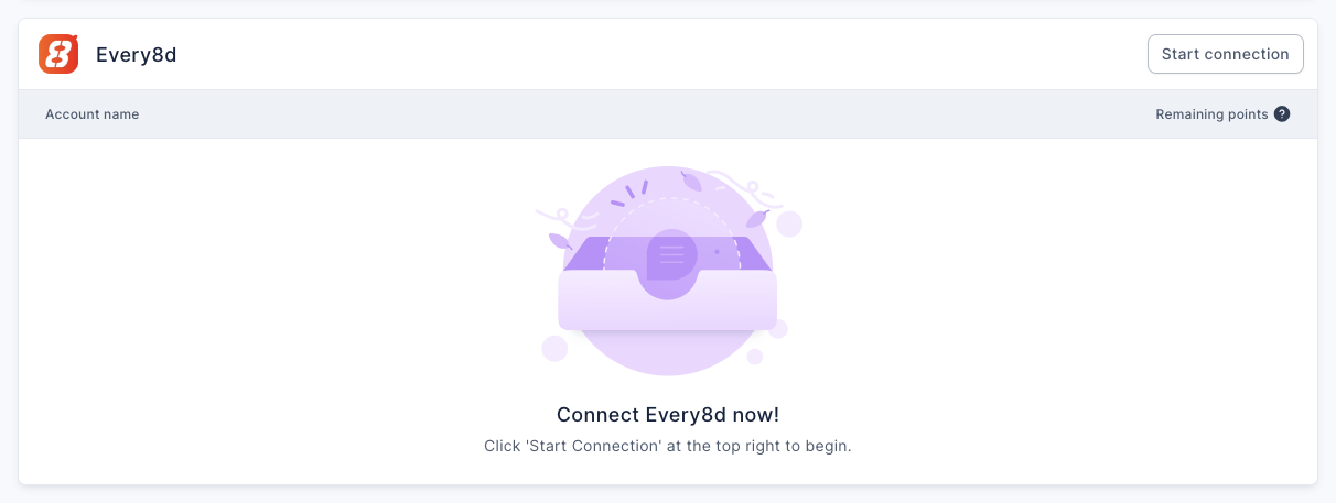 The Every8d section of the platform page: Start connection at the top right, table columns Account name and Remaining points, and the message Connect Every8d now! in the middle