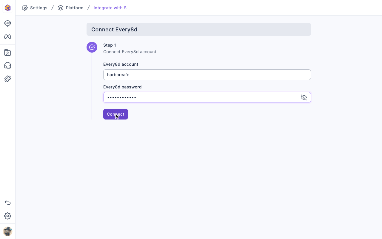 Connect SMS page: step 1 of Connect Every8d, Connect Every8d account, with harborcafe as the Every8d account, the password shown as dots, and the Connect button below