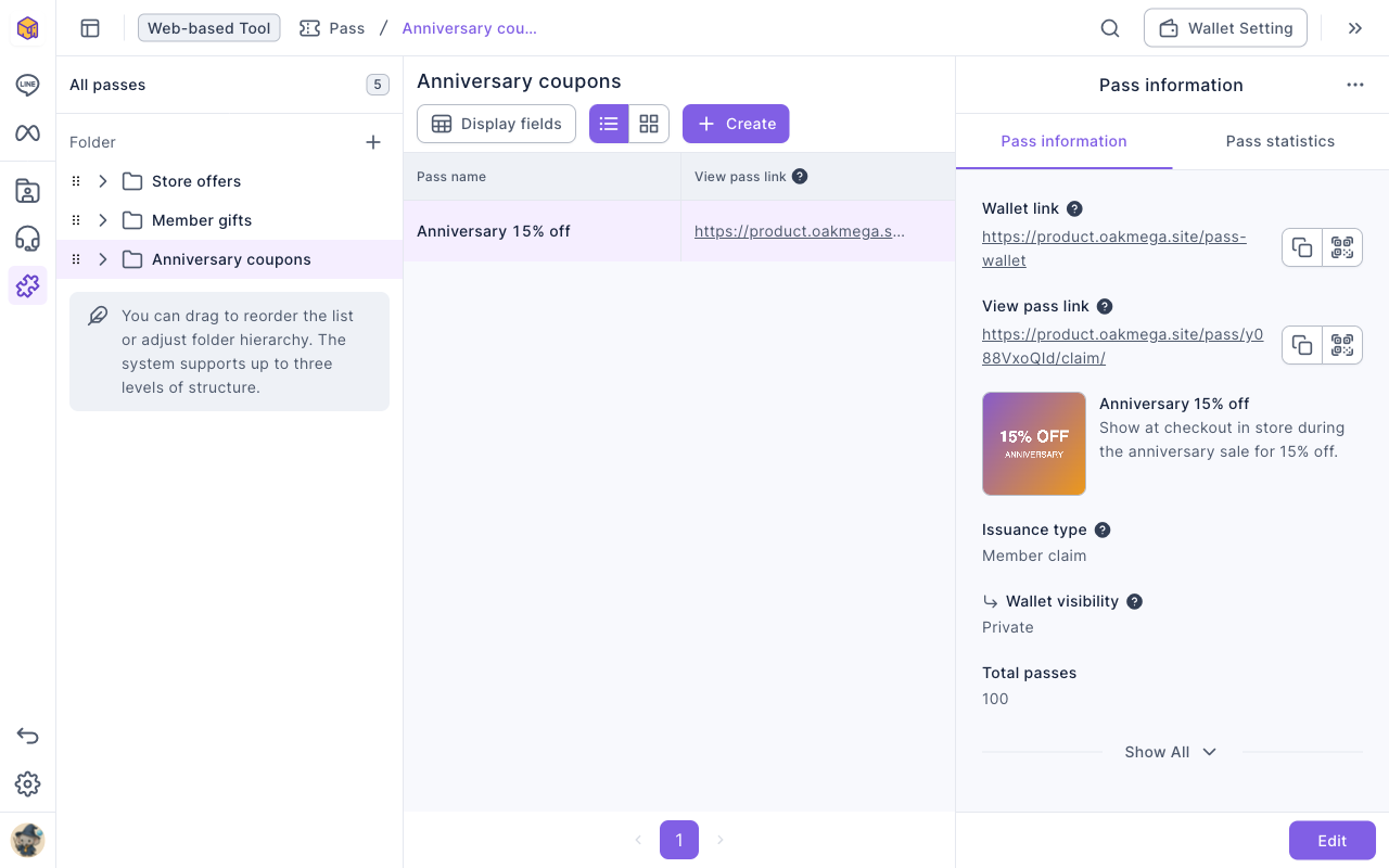 The pass list: the Anniversary coupons folder is selected on the left; the middle list has one pass, Anniversary 15% off; Pass information on the right shows the wallet link, view pass link, the pass image and description, Distribution type Member claims, Wallet visibility Private and Total pass quantity 100