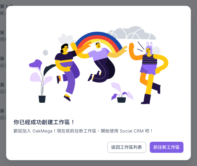 建立成功視窗:標題「你已經成功創建工作區!」,說明「歡迎加入 OakMega!現在就前往新工作區,開始使用 Social CRM 吧!」,右下角是返回工作區列表與前往新工作區兩個按鈕
