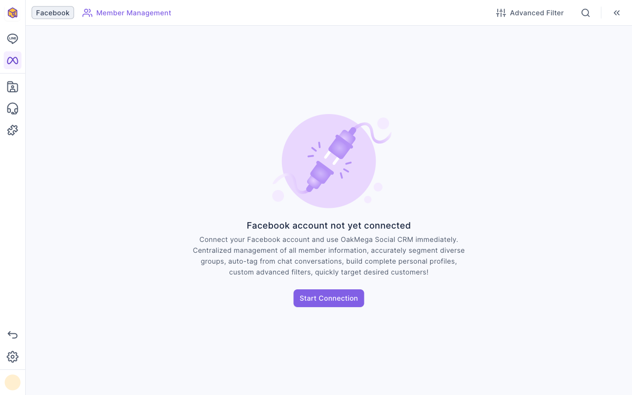 Facebook Member Management showing "Facebook account not yet connected": a plug illustration, a description and a Start Connection button in the middle, with the navigation bar on the left as usual
