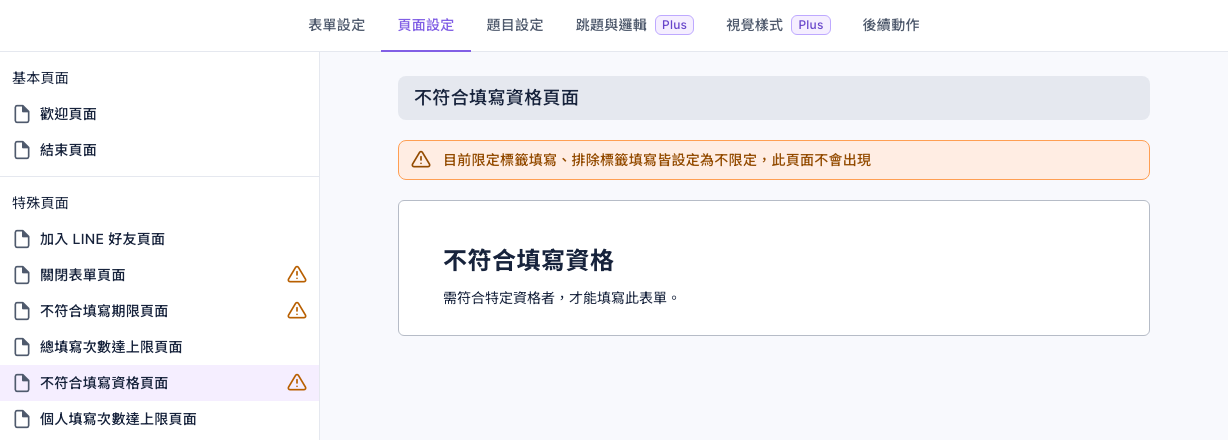 表單頁面設定分頁:左側基本頁面有歡迎頁面、結束頁面;特殊頁面有加入 LINE 好友頁面、關閉表單頁面(驚嘆號)、不符合填寫期限頁面(驚嘆號)、總填寫次數達上限頁面、不符合填寫資格頁面(驚嘆號、選中)、個人填寫次數達上限頁面;右側上方是橘色提示「目前限定標籤填寫、排除標籤填寫皆設定為不限定,此頁面不會出現」,下方是不符合填寫資格的預設內容