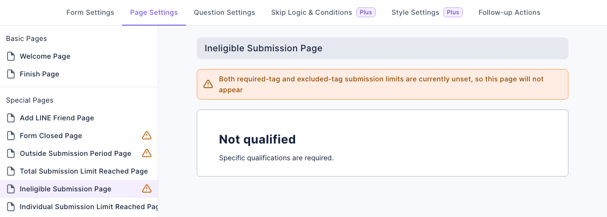Form Page Settings tab: Basic Pages with Welcome Page and Finish Page; Special Pages with Add LINE Friend Page, Form Closed Page (warning icon), Outside Submission Period Page (warning icon), Total Submission Limit Reached Page, Ineligible Submission Page (warning icon, selected) and Individual Submission Limit Reached Page; on the right, an orange notice "Both required-tag and excluded-tag submission limits are currently unset, so this page will not appear" above the default Not qualified content