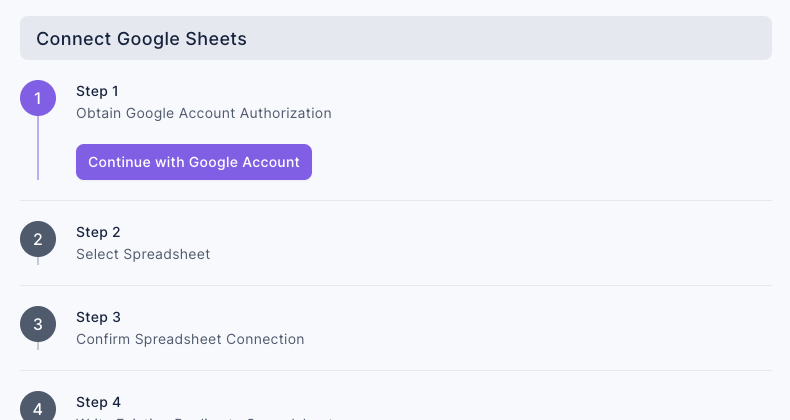 Step 1 of the Connect Google Sheets page: Obtain Google Account Authorization, with the Continue with Google Account button below; Step 2 Select Spreadsheet, Step 3 Confirm Spreadsheet Connection and Step 4 Write Existing Replies to Spreadsheet haven't started yet