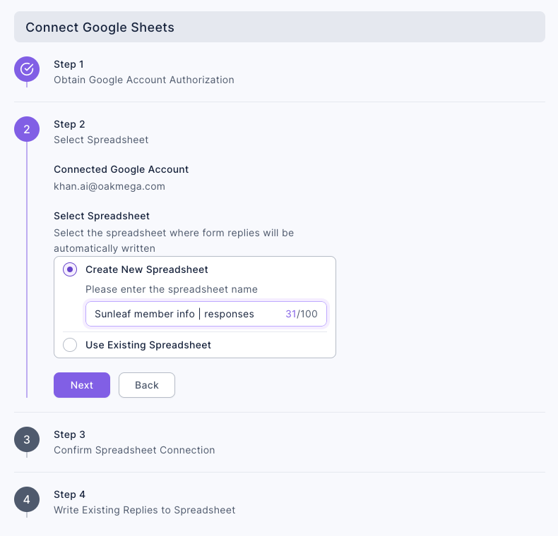 Step 2 Select Spreadsheet: Connected Google Account khan.ai@oakmega.com; under Select Spreadsheet, Create New Spreadsheet is selected and the spreadsheet name is Sunleaf member info | responses, 31/100; below are the Use Existing Spreadsheet option and the Next and Back buttons
