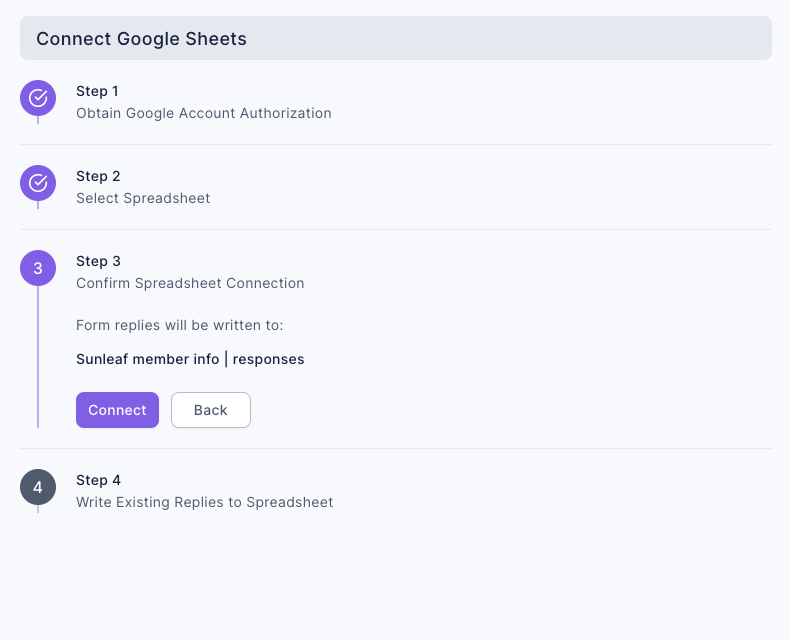 Step 3 Confirm Spreadsheet Connection: Form replies will be written to: Sunleaf member info | responses, with the Connect and Back buttons below; Steps 1 and 2 are checked