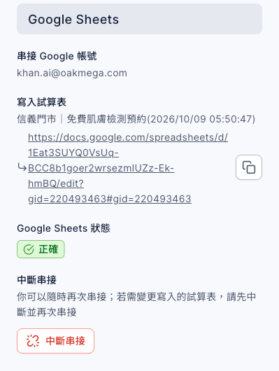 表單回覆資料的 Google Sheets 區塊:串接 Google 帳號 khan.ai@oakmega.com;寫入試算表是信義門市|免費肌膚檢測預約(2026/10/09 05:50:47) 與試算表連結和複製按鈕;Google Sheets 狀態正確;中斷串接說明你可以隨時再次串接,若需變更寫入的試算表請先中斷並再次串接