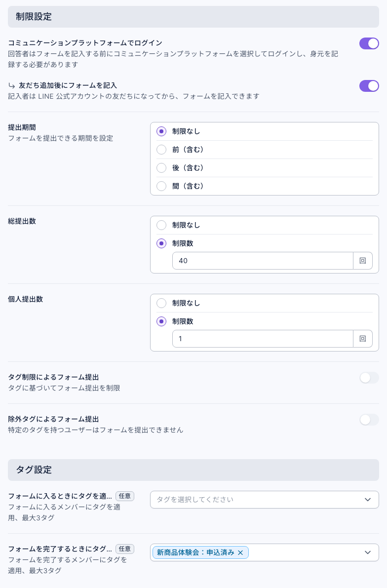 フォーム設定タブの制限設定とタグ設定:コミュニケーションプラットフォームでログインと友だち追加後にフォームを記入はどちらもオン、提出期間は制限なし、総提出数は制限数 40 回、個人提出数は制限数 1 回、タグ制限によるフォーム提出と除外タグによるフォーム提出はオフ。フォームを完了するときにタグを適用で「新商品体験会:申込済み」を選択
