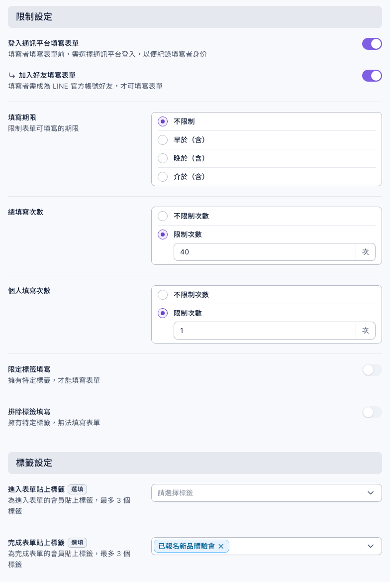 表單設定分頁的限制設定與標籤設定：登入通訊平台填寫表單與加入好友填寫表單都開啟，填寫期限不限制，總填寫次數限制 40 次，個人填寫次數限制 1 次，限定標籤與排除標籤填寫關閉；完成表單貼上標籤選了「已報名新品體驗會」