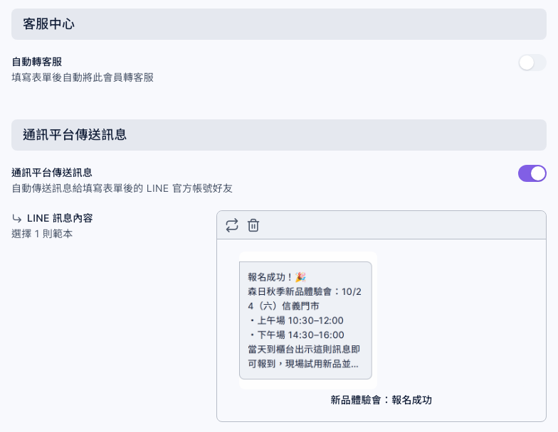 後續動作分頁：自動轉客服關閉；通訊平台傳送訊息開啟，LINE 訊息內容選了範本「新品體驗會：報名成功」，預覽顯示報名成功訊息的開頭