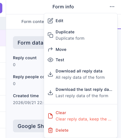 The Form info menu offers Download all reply data and Download the last reply data, alongside edit, test, clear, and delete actions