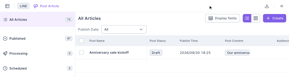 The post list: post status filters on the left; on the right, a single post "Anniversary sale kickoff" with status Draft and publish time 2026/09/30, with a Create button in the top-right