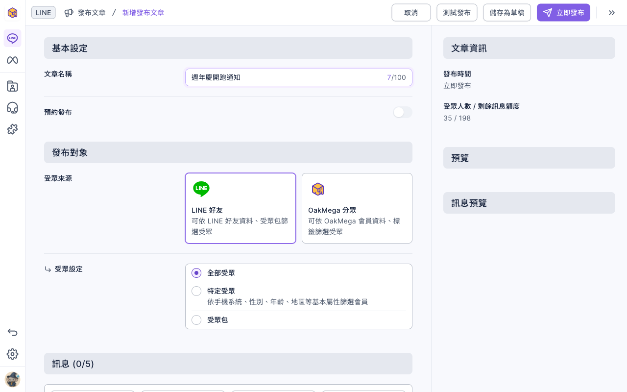 新增發布文章的編輯頁:文章名稱「週年慶開跑通知」,預約發布開關關閉,發布對象選了 LINE 好友與全部受眾,右側文章資訊顯示立即發布與受眾人數 35 / 198