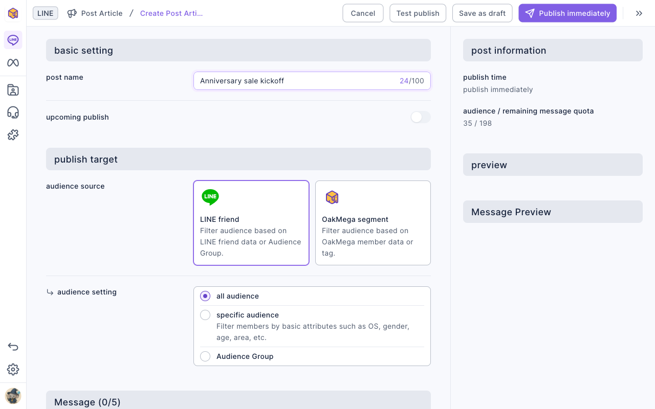 The edit page for a new post: post name "Anniversary sale kickoff", the upcoming publish switch off, publish target set to LINE friend and all audience, and post information on the right showing publish immediately and 35 / 198