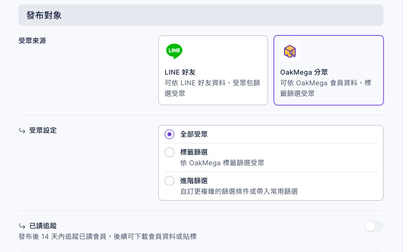 發布對象選了 OakMega 分眾:受眾設定有全部受眾、標籤篩選、進階篩選三個選項,下方是已讀追蹤開關