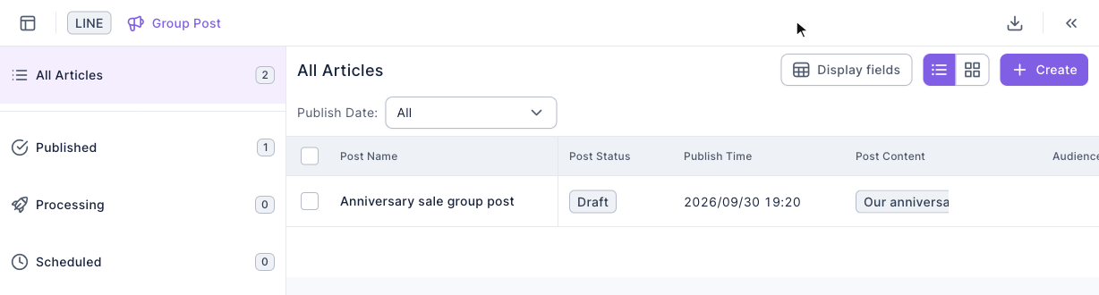 The group post list: post status filters on the left; on the right, a single post "Anniversary sale group post" with status Draft, and a Create button in the top-right