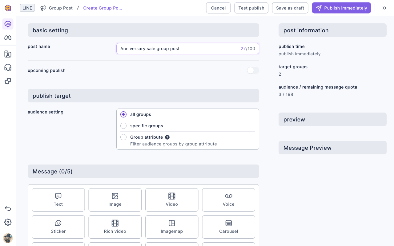 The edit page for a new group post: post name "Anniversary sale group post", audience setting set to all groups, and post information on the right showing publish immediately, target groups and audience / remaining message quota