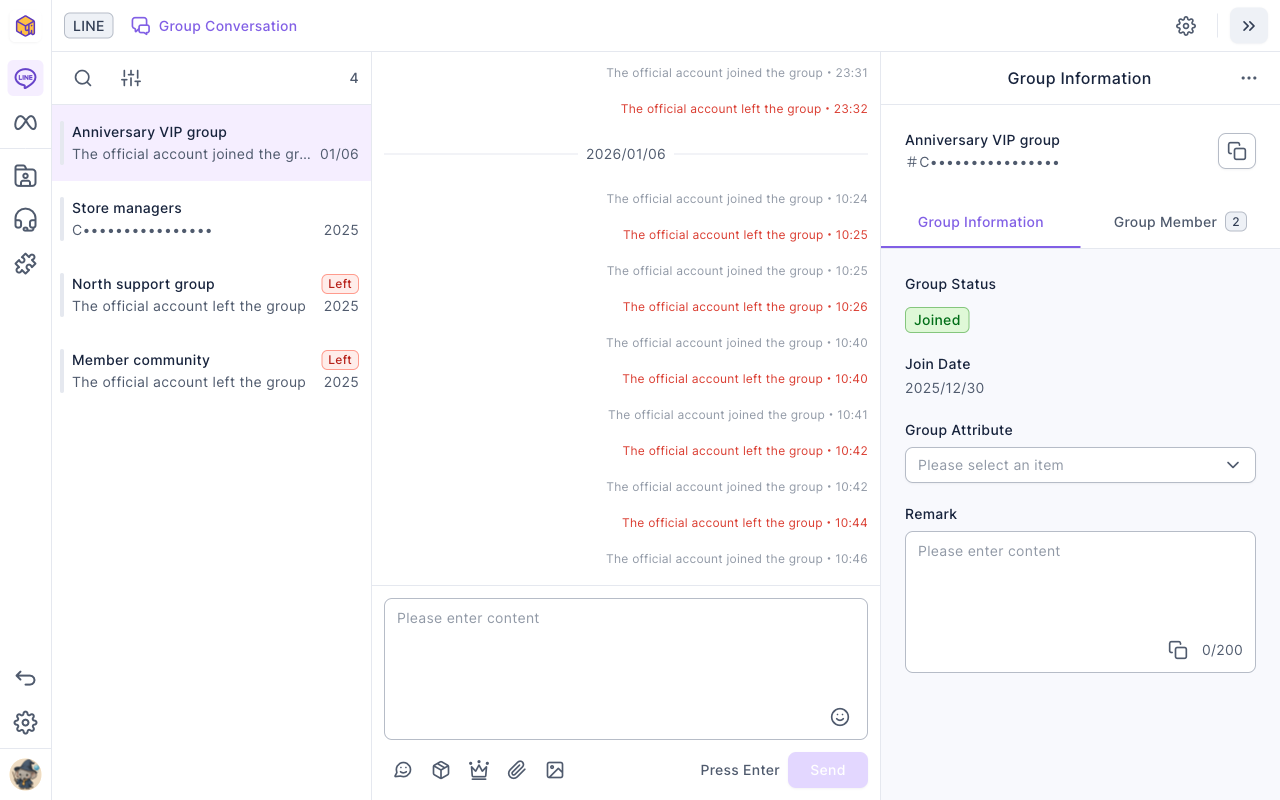 The Group Conversation screen: the group list on the left has four groups, two marked Left; the chat room in the middle lists when the official account joined and left the group, with the message box below; Group Information on the right shows the group name and ID, Group Status Joined, Join Date, Group Attribute and Remark, with Group Information and Group Member tabs at the top. Group names are demo names
