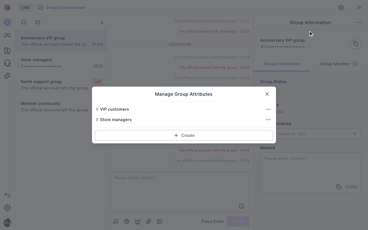 The Manage Group Attributes window lists two attributes, VIP customers and Store managers, each with "⋯" on the right, and a Create button below