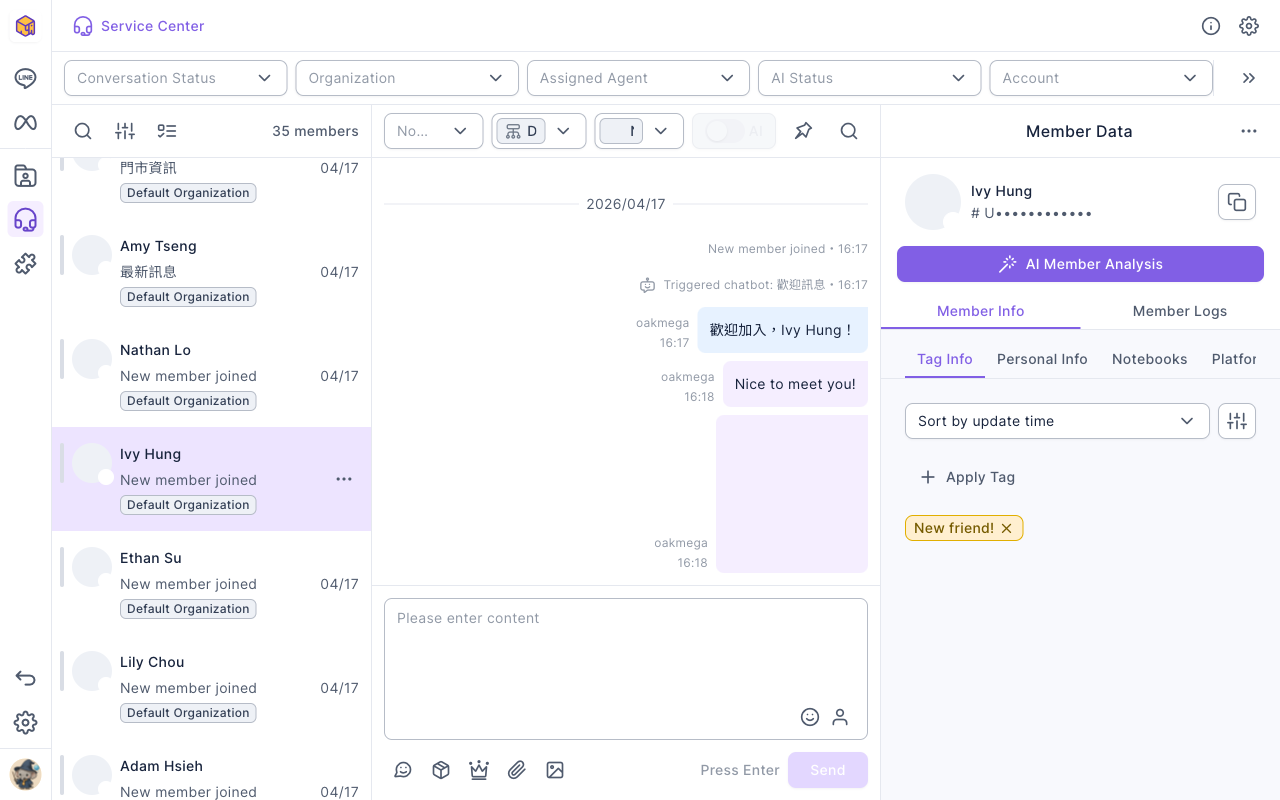 The Service Center screen: five filters at the top (Conversation Status, Organization, Assigned Agent, AI Status, Account); the conversation list on the left shows each member's name, latest message, time and organization; the chat room in the middle has the conversation status, organization, assigned agent, AI switch, pin and search at the top, with the message box and Send button at the bottom; Member Data on the right has AI Member Analysis, Member Info (tags, personal info, notebooks, platforms) and Member History. Member names are demo placeholders
