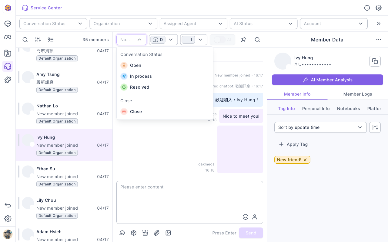 The conversation status dropdown at the top of the chat room is open: Open, In process and Resolved under Conversation Status, and Close under Close